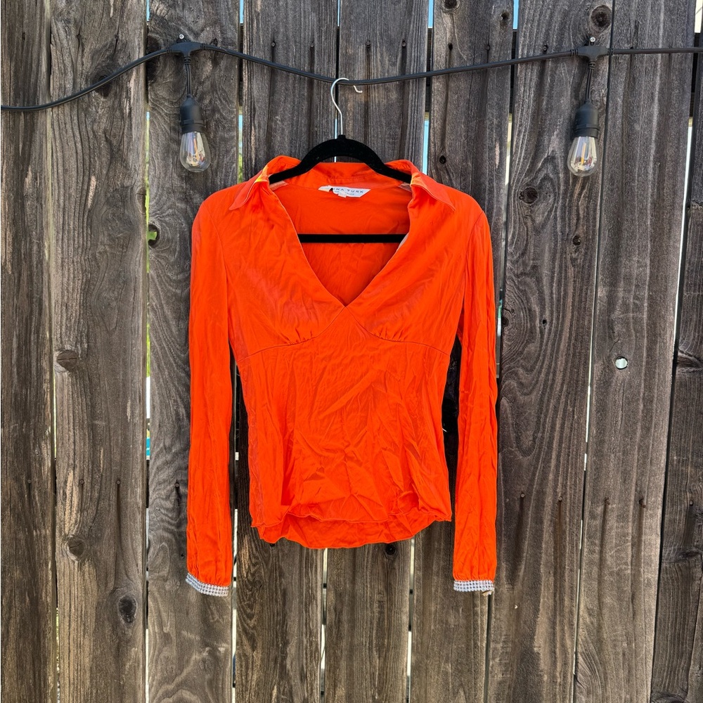 Trina Turk Los Angeles Orange Silk V Neck Long Sleeve Blouse Jeweled Cuffs Small